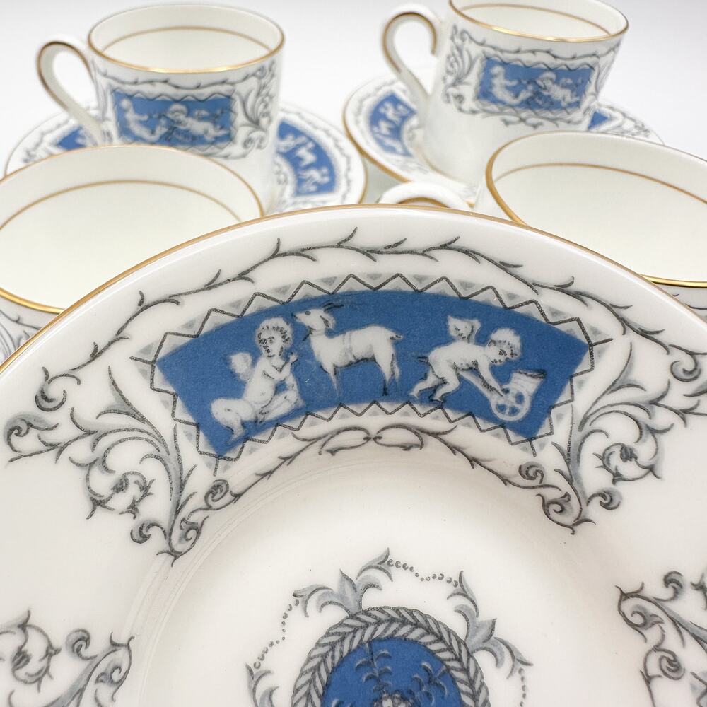 Coalport Revelry Demitasse Coffee Cups Saucers Set of 4 Cupid Scrolls Grey Blue - Picture 5 of 13